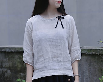 Women's Half sleeves Neckline Tie tops 100% Linen casual oversized shirts Elbow sleeves linen blouses plus size hand made clothing F58