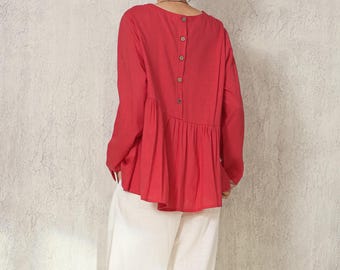 Round Neck Boho Cotton Linen Peplum Blouse Long Sleeve Back Button Down Top Loose Fit Shirt F859