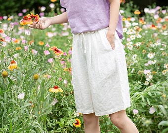 Women Linen Shorts Loose Casual Trousers Relaxed Fit Elastic Waist Linen Shorts With Pockets Beach Linen Shorts Plus Size Clothing N88