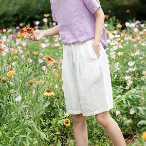 Women Linen Shorts Loose Casual Trousers Relaxed Fit Elastic Waist Linen Shorts With Pockets Beach Linen Shorts Plus Size Clothing N88