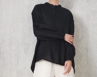 100% Linen Women's Stand Collar Shirt, Long Sleeve Buttoned Top M022