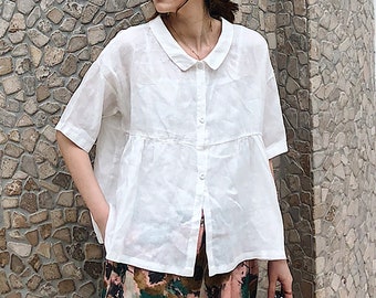 Women's 100% Linen Tops Half Sleeves Linen Shirt Loose Linen Blouse Soft Summer Clothing Casual Plus Size top Oversized Custom Clothing N292