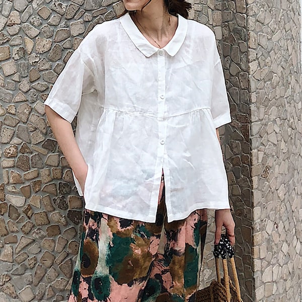 Women's 100% Linen Tops Half Sleeves Linen Shirt Loose Linen Blouse Soft Summer Clothing Casual Plus Size top Oversized Custom Clothing N292