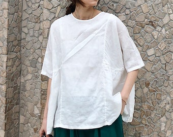 Women's 100% Linen Tops Half Sleeves Linen Shirt Loose Casual Linen Blouses Spring Summer Short Sleeves Blouses Plus Size Clothing N346