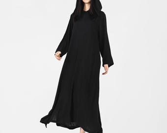 Vestidos de lino y algodón para mujer con bolsillos y capucha, vestido caftán negro, vestido largo holgado, túnicas informales holgadas, vestidos islámicos C03