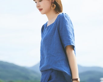 Linen Tops For Women Linen Blouses Short Sleeves Shirt Linen Tunic Tops Custom Oversized Blouses Summer Loose Casual Tops Boho F492