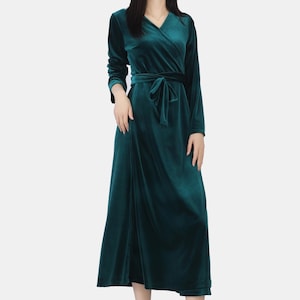 V-Ausschnitt Langarm Maxi Kleid Samt Wickelkleid Party Kleid Hochzeitsgeschenk Kleid Abendkleid handgefertigtes formelles Samtkleid R17 8