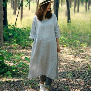 Women's Loose Linen Dress Linen Smock Dress Loungewear Relaxed Oversize Dress Round Neck Casual Dress Plus Size Customized Clothing N297