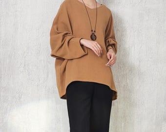 Heavy Linen Cotton Blouse Long Sleeve Loose-Fit Blouse Oversized V Neck Boho Batwing Linen Top Women's Minimalist Loose Kaftan Top M10