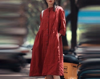 Linen Dresses for Women Midi summer dress 100% linen Plus size dress custom dress loose casual handmade dress long linen robe N48