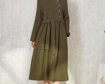 Abito midi a maniche lunghe in lino e cotone: abito a trapezio personalizzato primavera-autunno F806