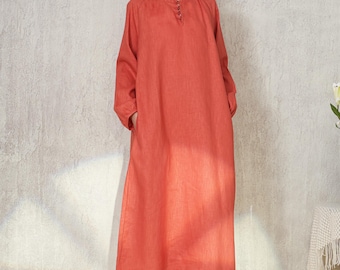 Long Sleeve Loose Linen Maxi Dress Oversized Tunic with Pockets Plus Size Linen Kaftan Dress Belted Dress Handmade Clothing F844