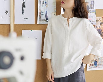 Pure Linen Shirts For Women Long Sleeves Linen Tops Casual Loose Linen Blouses Classic Oversized Shirt Plus Size Handmade Clothing N334