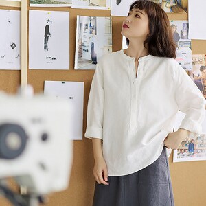 Pure Linen Shirts For Women Long Sleeves Linen Tops Casual Loose Linen Blouses Classic Oversized Shirt Plus Size Handmade Clothing N334