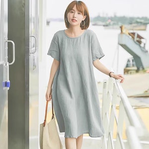 Pure Linen Dresses For Women Short Sleeves Linen Tunic Dress With Pockets Loose Fitting Soft Casual Dress Custom Oversized Clothing T114