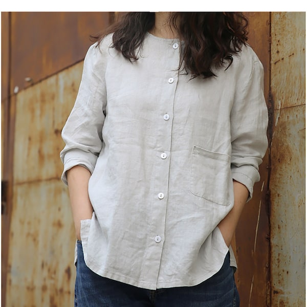 Women's 100% Linen Tops Loose Long Sleeves Shirt Casual Cardigan Round Neck Shirt Soft Breathable Summer blouses Oversized Clothing N317