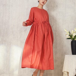 Adjustable Drawstring Waist 100% Linen Kaftan Dress Long Sleeves Maxi Dress Casual Loose Soft Dresses with Pockets M045
