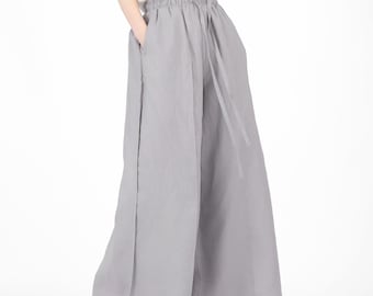 Pantalones anchos de lino, pantalones holgados de lino, pantalones sueltos, faldas de lino, pantalones fluidos con cintura elástica, pantalones bohemios para mujer F168