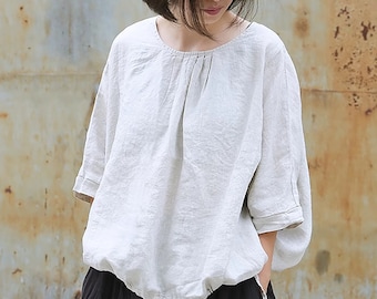Women's Pure Linen Tops Summer Lounge Round Neck Top Relaxed Fitting Blouse Oversized Flax Clothing Plus Size Handmade Custom Tops N308