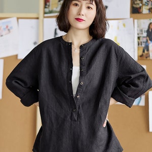 Women&#39;s 100% Linen Tops Long Sleeves Linen Shirt Loose Fitting Linen Blouse Casual Oversized Shirt Plus Size Clothing Custom Clothing N334