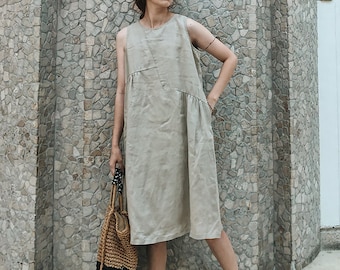 Linen Dresses For Women 100% Linen Sleeveless Dress Loose Casual Dress Midi Robe Plus Size Handmade Dresses Custom  Oversized Clothing N282