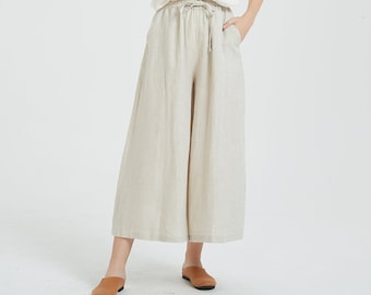 Pantaloni lunghi di lino da donna, pantaloni con gonna di lino, pantaloni a gamba larga, pantaloni taglie forti, pantaloni casual larghi, pantaloni primaverili personalizzati fatti a mano A117-2