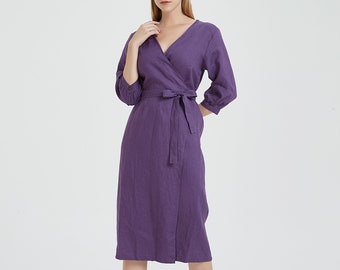 Vestido largo de lino para mujer, vestido cruzado de lino, vestido midi de lino, ropa de lino para mujer, vestidos de lino con bolsillos, regalo de dama de honor de Navidad X06