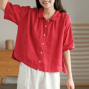 women linen shirt,Linen top, short sleeves shirt, loose linen blouse top, plus size clothing, custom linen shirt, fall spring tops N70