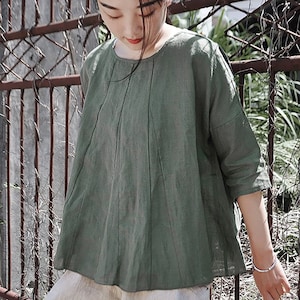 Women&#39;s Linen Tops Casual Linen Shirts Loose Half Sleeves Tops Spring Summer Blouse Plus Size Tops Oversized Custom Hand Made Clothing N320
