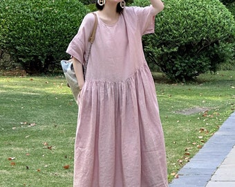 Cotton Linen Maxi Dress Short Sleeves Vintage Style Dress Basic Flax Flowy Linen Dress Linen Robe Oversized Dress Custom Clothing N311