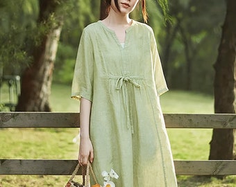 Women's 100% Linen Half Sleeves Dress Linen Maxi Dress Loose Flowy Summer Dresses Bridesmaid Dress causal Flax Robe Oversized Clothing N306