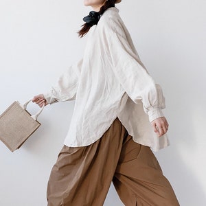 Women&#39;s 100% Linen Long Sleeves Tops Loose Casual Blouses Spring Fall Relaxed Fit Linen Shirt For Women Plus Size Handmade Clothing N321