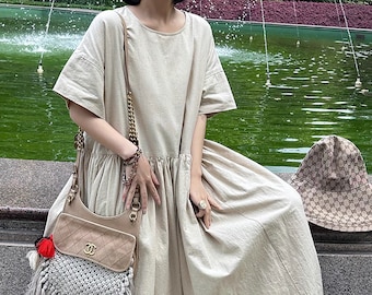 Cotton Linen Dresses For Women Loose Short Sleeves Dresses Vacation Clothes Linen Long Dresses Oversized Clothing Plus Size Dress Boho N311