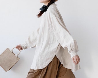 Women's 100% Linen Long Sleeves Tops Loose Casual Blouses Spring Fall Relaxed Fit Linen Shirt For Women Plus Size Handmade Clothing N321