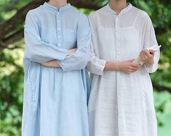 Women Linen Shirt Dress Long Sleeves Dress Loose Fit Dress Linen Long Tunic Dress Linen Robe Maxi Button Dress Plus Size Clothing N335