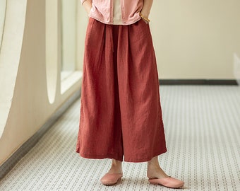 Cotton Linen Women's Wide Leg Pants Loose Long Trouser Casual Elastic Waist Pants Custom Hand Made Linen Clothing Plus Size Pants A117