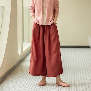 Cotton Linen Women&#39;s Wide Leg Pants Loose Long Trouser Casual Elastic Waist Pants Custom Hand Made Linen Clothing Plus Size Pants A117