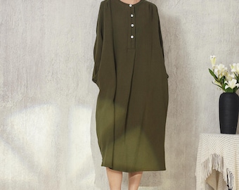Loose Fitting Maxi Linen Cotton Dresses Long Sleeves Side Pockets Spring Fall Retro Plus Size Dress Custom Minimalist Natural Clothing M020