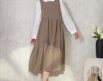 Heavier Cotton Linen Warm Vest Dress Sleeveless Loose Robes Winter/Fall Vest Dress Customized Hand Made Plus Midi Dress M016