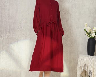 50% Sales/L Size/Dark Red Color/Loose Oversized Handmade Long Sleeves Linen Cotton Dress Button Front Casual Dress Handmade Clothing F789