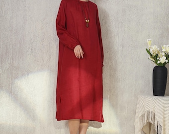 100% Linen Long Sleeves Casual Loose Soft Dresses Custom Women Oversized Dress With Side Pockets F848