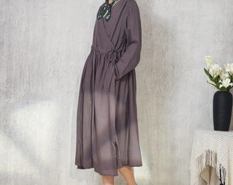Abito lungo vintage fatto a mano in lino al 100%: abito avvolgente a maniche lunghe F845