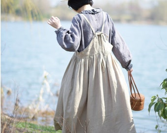 Women linen dress, summer apron dress, loose sleeveless slip dress, linen clothing, plus size clothing, custom strap pleated dress F476