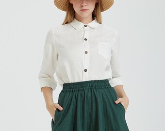 Women's 100% linen shirt, long sleeves shirt, white shirt, loose linen blouse top, oversized shirt, plus size clothing, custom clothing R50