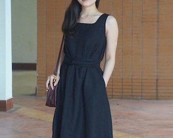 Women linen dress sleeveless linen summer dress linen midi dress v neck loose oversized dress boho Women's clothing N228