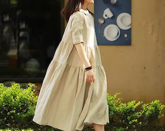 Women's Linen Maxi Dress Long Sleeves Dress Soft Casual Large Size Dress Oversized Pure Linen Robes Custom Handmade Dress Caftan N319