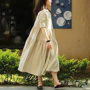 Women's Linen Maxi Dress Long Sleeves Dress Soft Casual Large Size Dress Oversized Pure Linen Robes Custom Handmade Dress Caftan N319