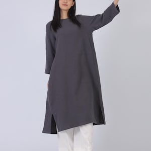 Abito tunica oversize in cotone e lino da donna, traspirante, spesso e morbido, in lino, top ampio e casual in cotone, abito autunnale a maniche lunghe F559