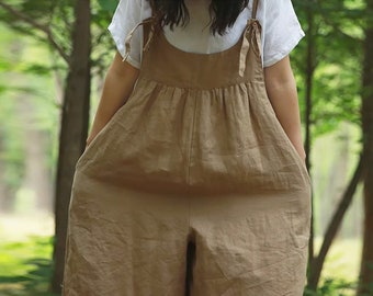 Women 100% Linen Jumpsuit Linen Romper With Pockets Loose Casual Linen Wide Leg Overalls Pants Flax Dungarees Plus Size Clothing F520