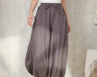 Balloon Barrel Legs Pants 100% Linen Wide Leg Pants Casual Loose Harem Trousers  Women’s Maxi Boho Pants Long Lounge Pants F564
